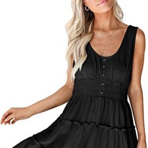 Women Sleeveless Button Down Smocked Elastic Waist Ruffle Tiered Casual Dress
